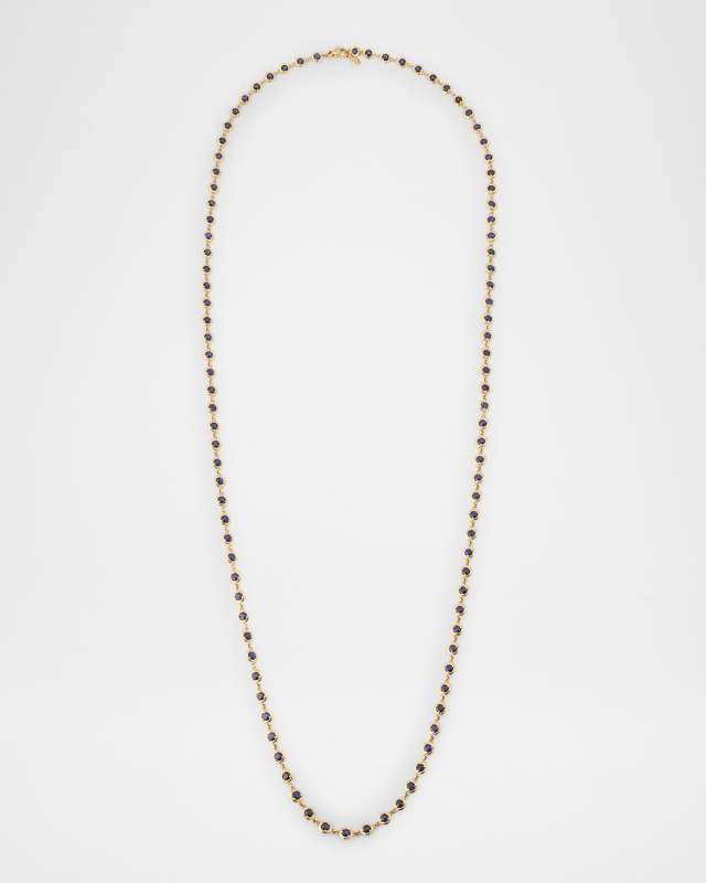 18K Yellow Gold Long Necklace with White Diamonds and Blue Sapphires, 42"L